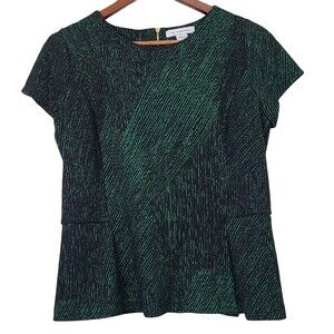 Liz Claiborne Womens Peplum Top Blouse Green Black Size Large Short Sleeve